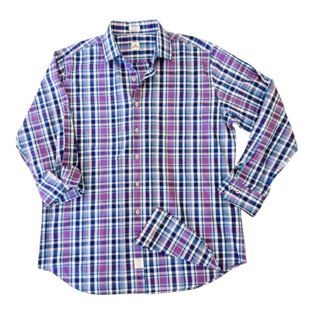 Peter Millar Mens XL Long Sleeve Button Down Shirt Purple Blue Plaid 100% Cotton